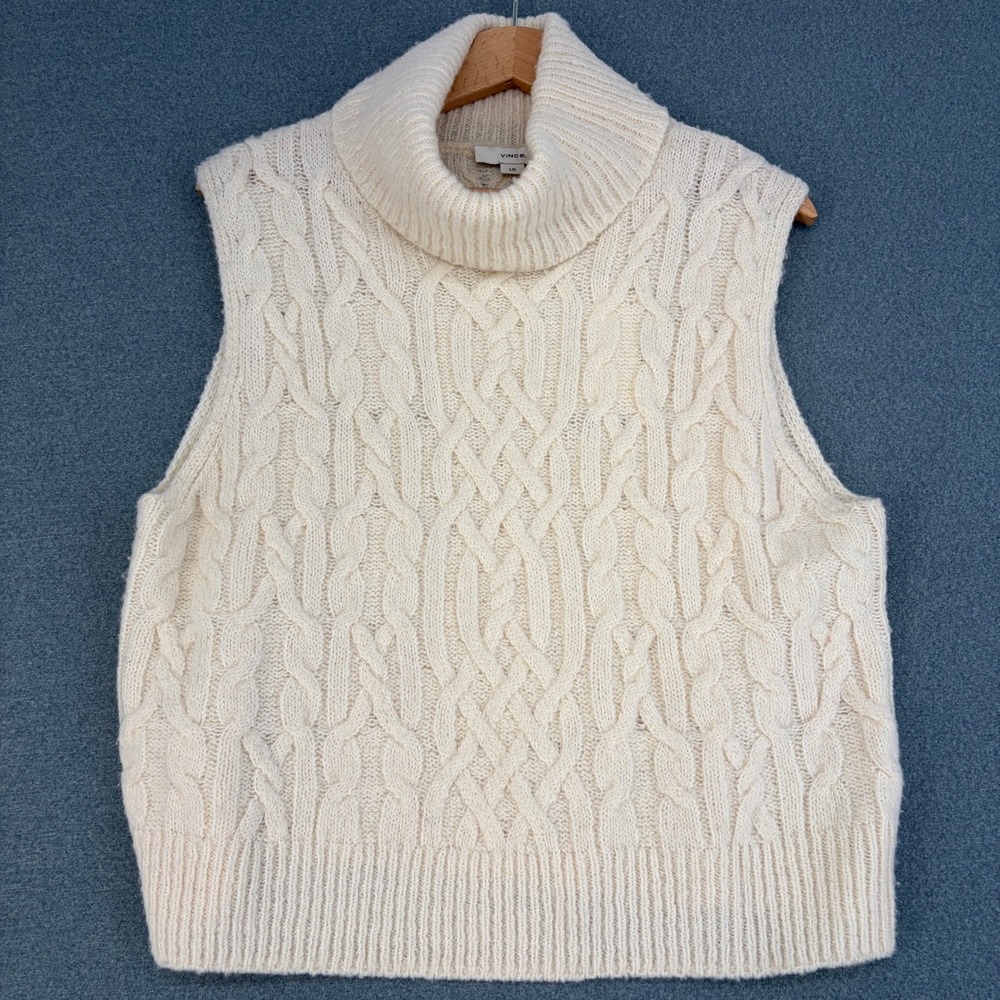 Vince Women Off White 100% Wool Cable Knit Turtleneck Sweater Vest L Luxury Fall